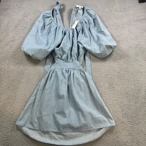 Love The Label Light Blue Denim Puff Sleeve‎ Smocked Waist Mini Dress XS